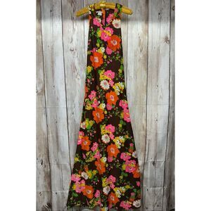 Vintage 1960s Jolyne of California Floral Maxi Dress Brown Pink Orange Size 13